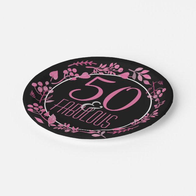 50 & Fabulous 50th Birthday | Black Pink Botanical Paper Plate (Angled)