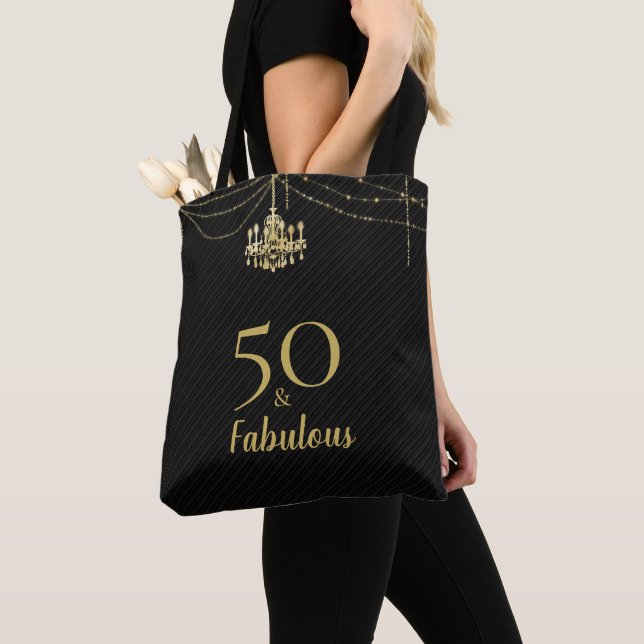 50 Fabulous 50th Birthday Golden Chandelier Black Tote Bag (Close Up)