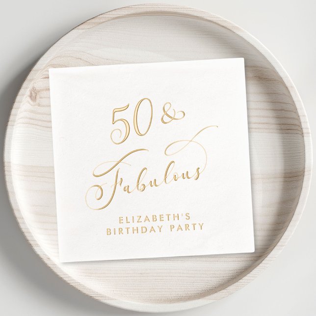 50 Fabulous 50th Birthday Party Gold Foil Napkins (Elevate your 50th birthday party decor with these elegant "50 & Fabulous" foil napkins)
