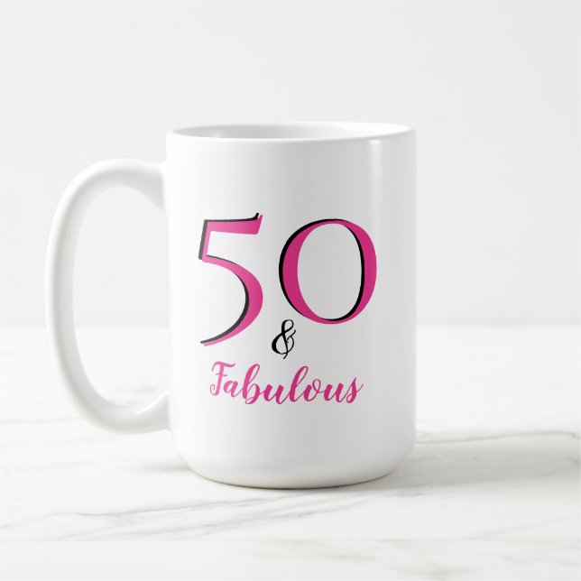 50 & Fabulous 50th Birthday Party Pink & Black Coffee Mug (Left)