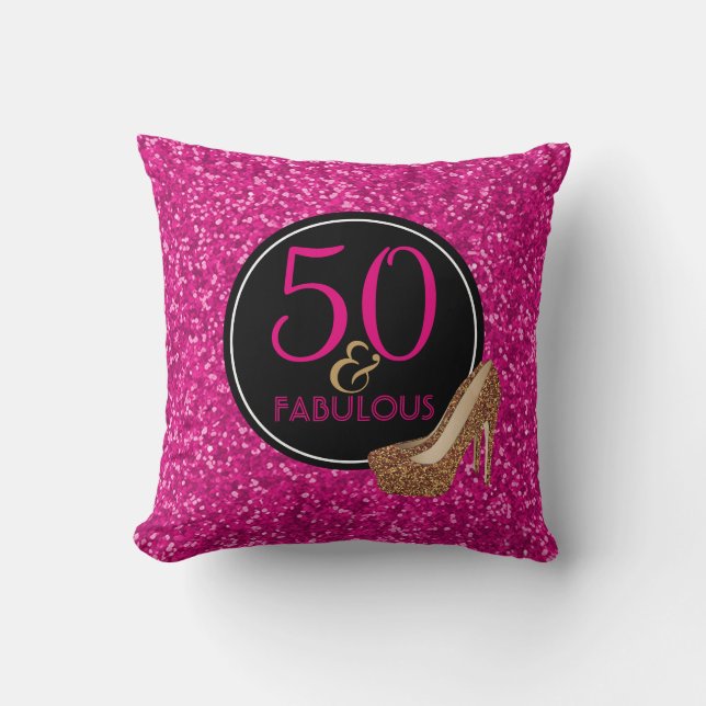 50 & Fabulous | 50th Birthday Pink Glitter Shoes Cushion (Front)