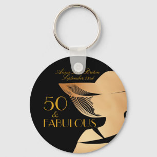 50 & Fabulous Art Deco Elegant gold 50th Birthday Key Ring