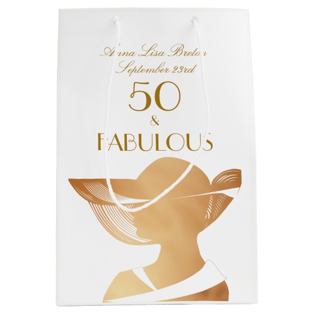 50 & Fabulous Art Deco Elegant gold 50th Birthday Medium Gift Bag (Front)