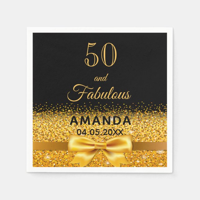 50 fabulous birthday black gold bow napkin (Front)