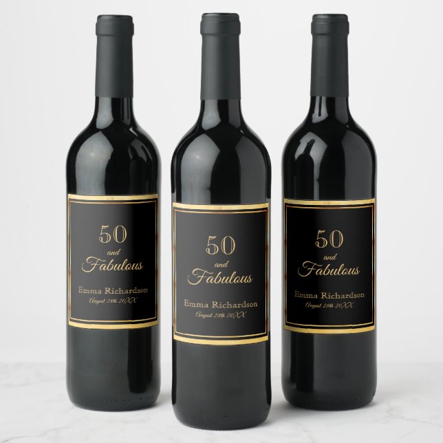 50 fabulous birthday black gold elegant wine label (Bottles)