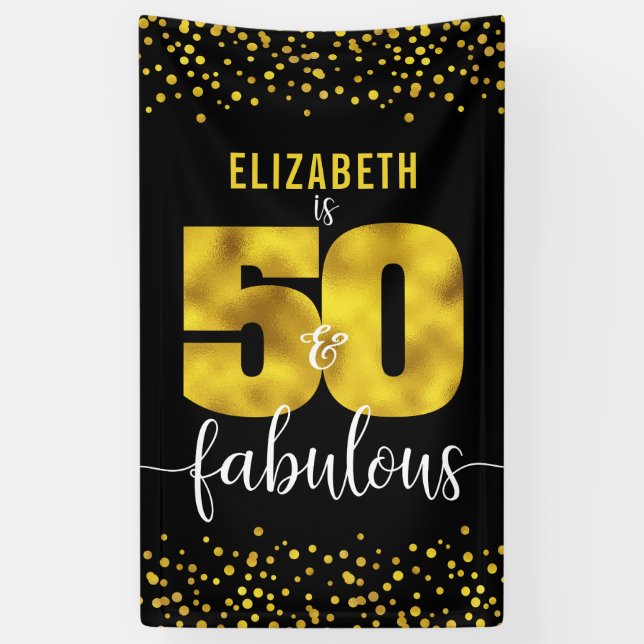 50 fabulous birthday black gold foil glitter dots banner (Vertical)