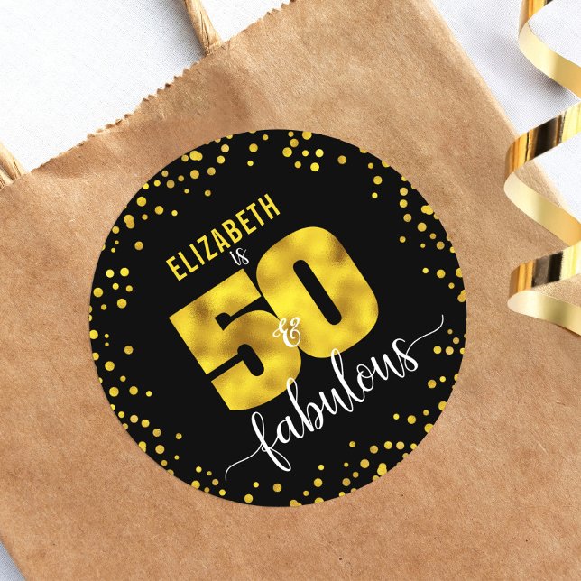 50 fabulous birthday black gold foil glitter dots classic round sticker (Creator Uploaded)