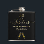 50 fabulous birthday black gold monogram friends hip flask<br><div class="desc">Simple and elegant 50th birthday gift for a woman from her friends or family. A classic chic black background with two champagne glasses, flutes as decor. With the text: 50 and fabulous. Personalise and add a name and a date. Golden coloured letters. The word Fabulous is written with a trendy...</div>