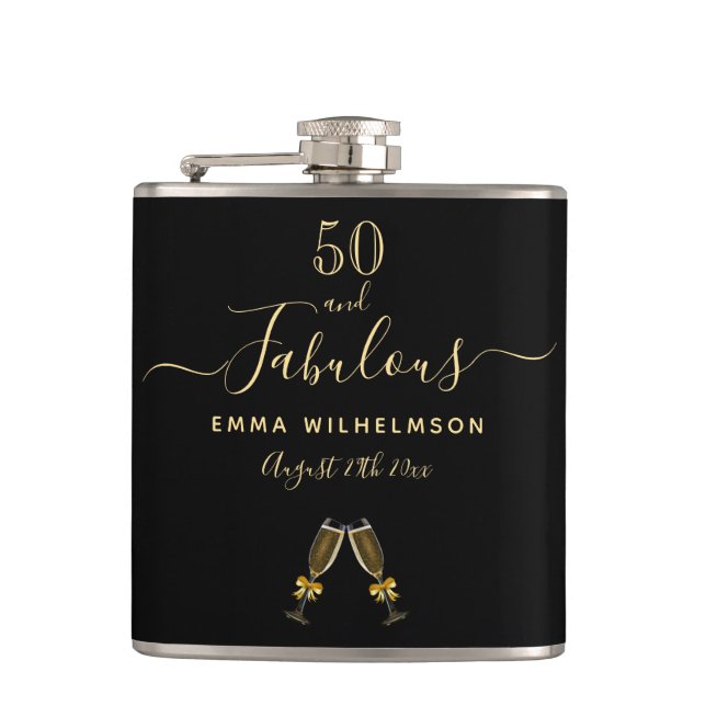50 fabulous birthday black gold monogram friends hip flask (Front)