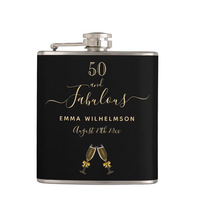 50 fabulous birthday black gold photo name hip flask (Front)