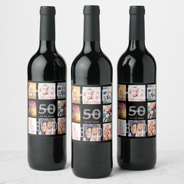 50 fabulous birthday black photo collage cheers wine label (Bottles)