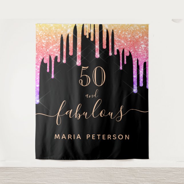 50 fabulous birthday black pink purple glitter tapestry (Front)