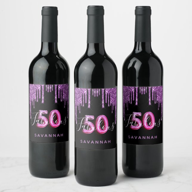 50 Fabulous birthday black purple glitter drips Wine Label (Bottles)