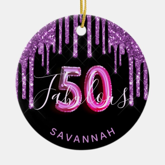 50 & Fabulous birthday black purple glitter glam Ceramic Ornament (Front)