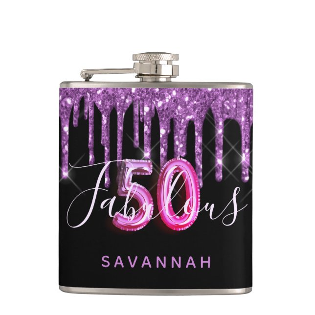 50 Fabulous birthday black purple glitter script Hip Flask (Front)