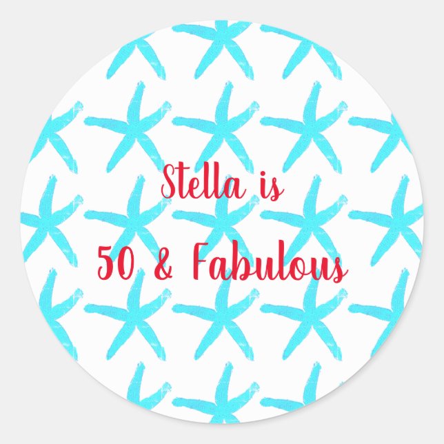 50 & Fabulous Birthday Blue Starfish Patterns Cool Classic Round Sticker (Front)