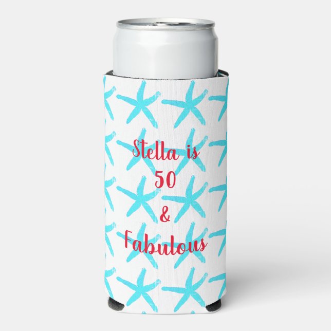 50 & Fabulous Birthday Blue Starfish Patterns Gift Seltzer Can Cooler (Seltzer Front)