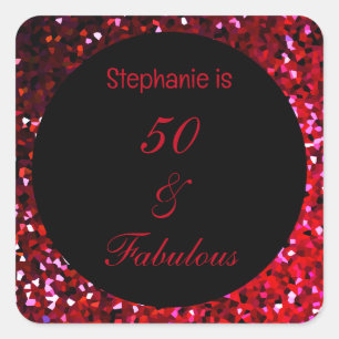 50 Fabulous Birthday Burgundy Red Pink Glitter Square Sticker