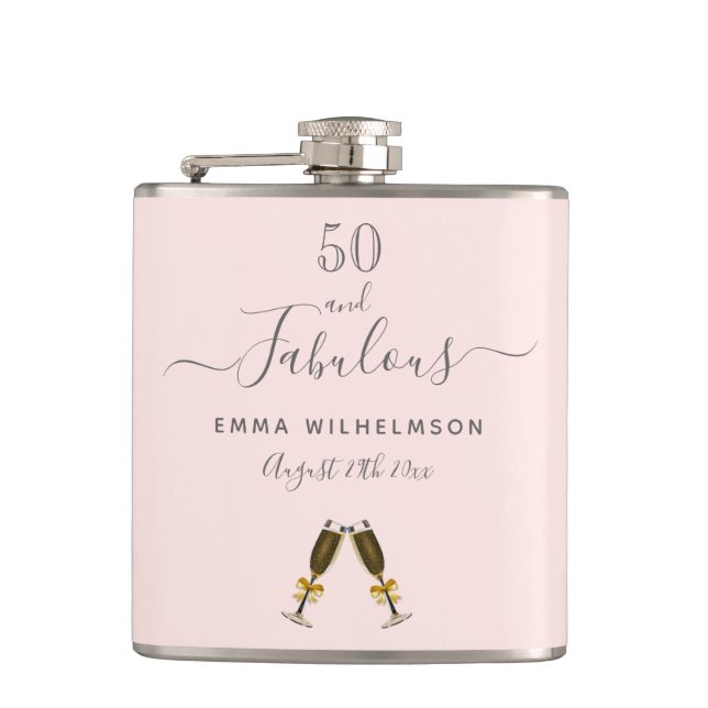 50 fabulous birthday custom photo rose gold pink hip flask (Front)