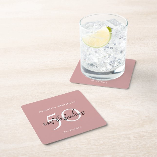 50 & Fabulous Birthday Elegant Dusty Pink Girly  Square Paper Coaster (Insitu)