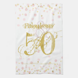 50 & Fabulous Birthday Elegant Pink & Gold Dots Tea Towel