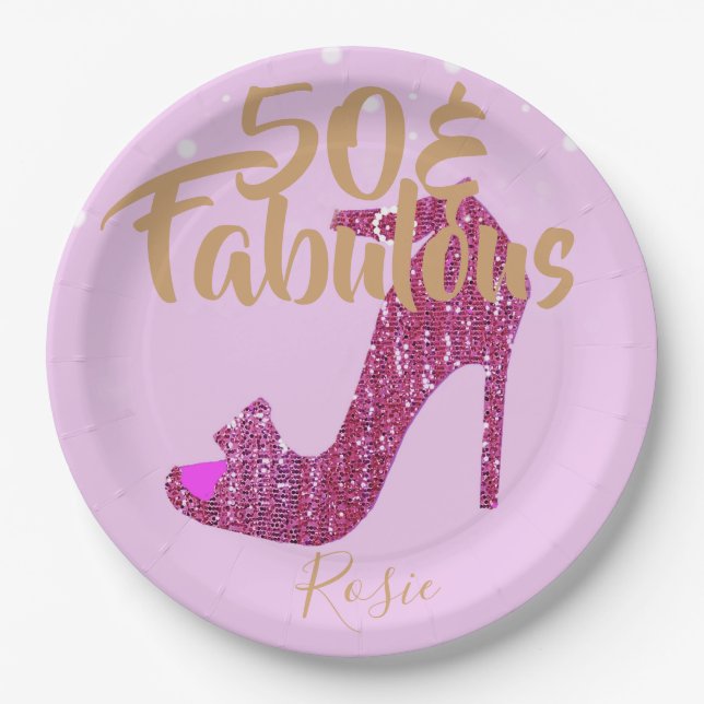 50 &Fabulous Birthday Girly Sparkly Pink Gold Text Paper Plate (Front)