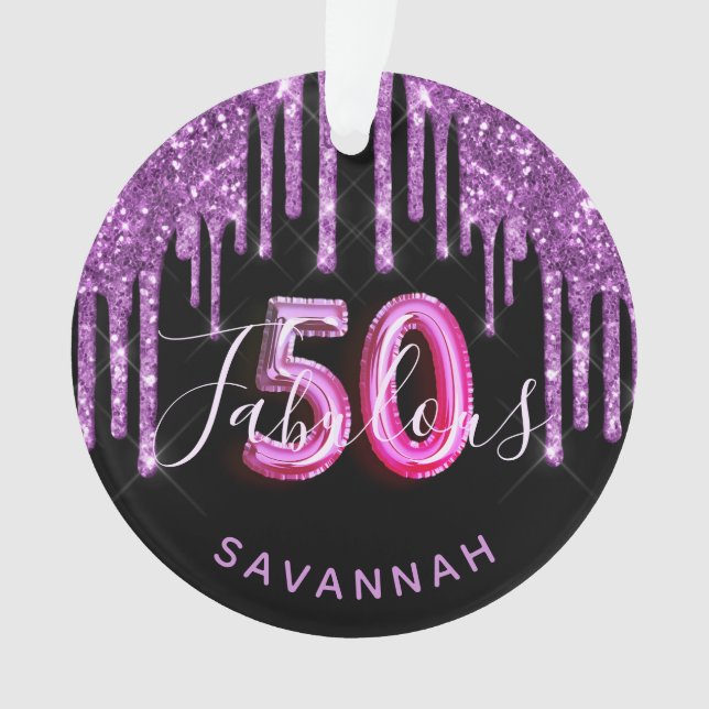 50 Fabulous birthday glitter black purple glam Ornament (Front)