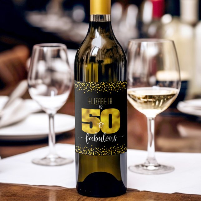 50 fabulous birthday gold foil dots on black glam wine label (Creator Uploaded)