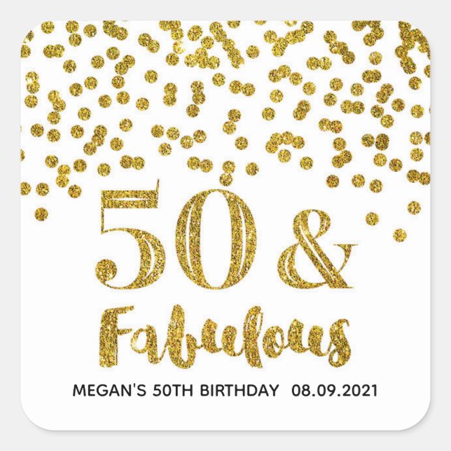 50 & Fabulous Birthday Gold Glitter Confetti Square Sticker (Front)