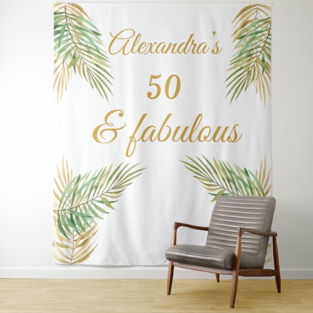 50 fabulous birthday gold Green palms White Tapestry (In Situ)