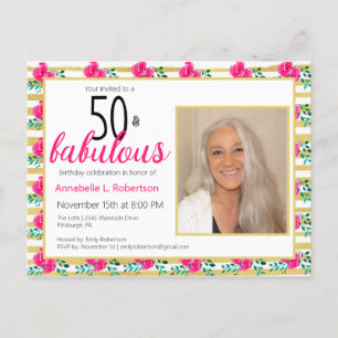 50 & Fabulous Birthday Gold Pink Floral Invitation Postcard