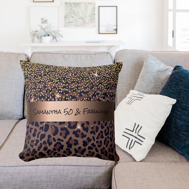 50 & Fabulous Birthday leopard pattern glam name Cushion (Creator Uploaded)