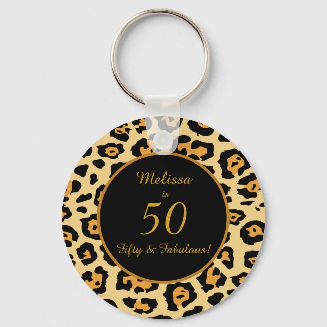 50 & Fabulous Birthday Leopard Print Keychain (Front)