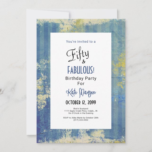 50 & FABULOUS Birthday Party Blues With Photo Invitation (Front)