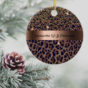 50 & Fabulous Birthday Party leopard pattern glam Ceramic Ornament