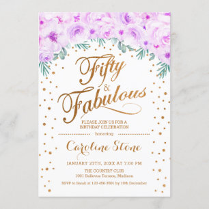 50 Fabulous Birthday Party - White Gold Purple Invitation