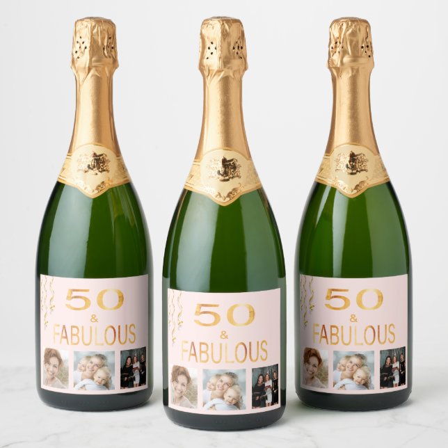 50 & fabulous birthday photo collage rose gold sparkling wine label (Bottles)