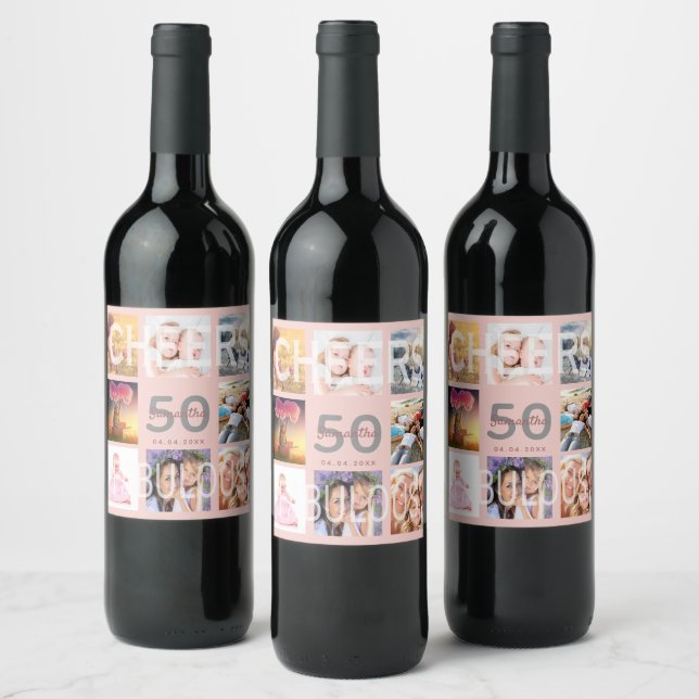 50 fabulous birthday photo collage rose gold wine label (Bottles)