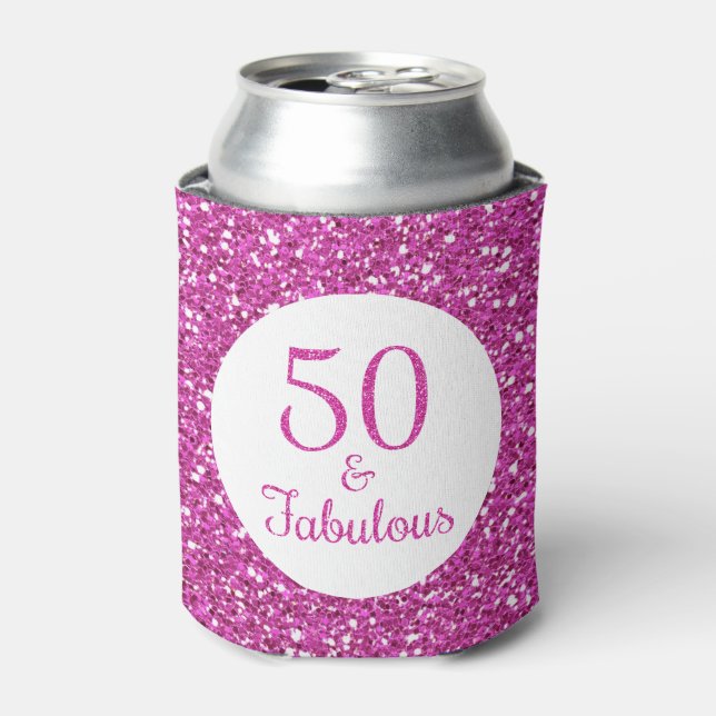 50 & Fabulous Birthday Pink Glitter Can Cooler (Can Front)