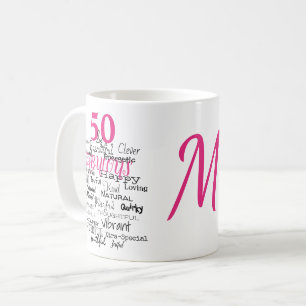 50 & Fabulous Birthday Pink Typography Monogram Coffee Mug