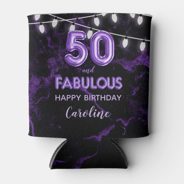 50 & Fabulous Birthday Purple Black Balloon Lights Can Cooler (Front)