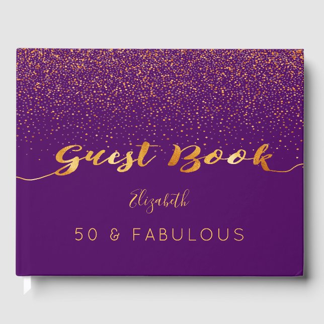 50 Fabulous birthday purple gold confetti name Guest Book (Front)