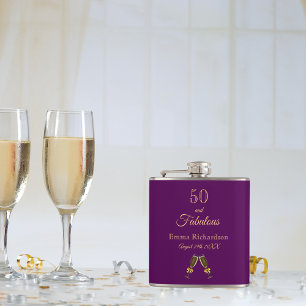 50 fabulous birthday purple gold monogram hip flask