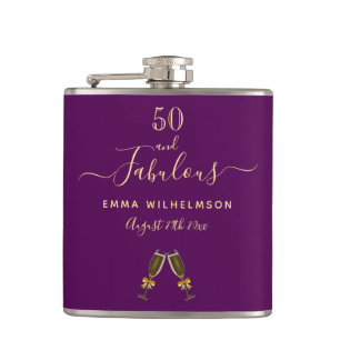 50 fabulous birthday purple name photo hip flask