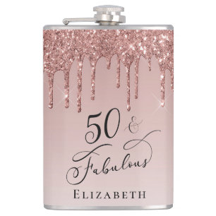 50 Fabulous Birthday Rose Gold Glitter Hip Flask