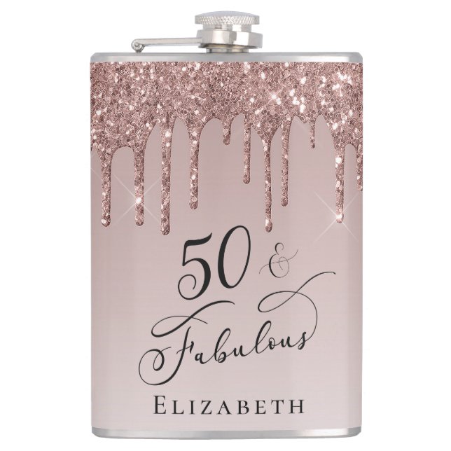 50 Fabulous Birthday Rose Gold Glitter Hip Flask (Front)