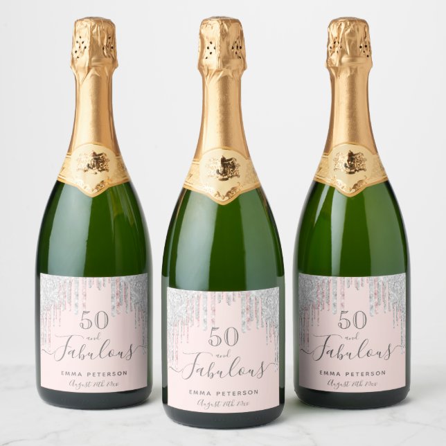 50 fabulous birthday rose gold glitter pink silver sparkling wine label (Bottles)
