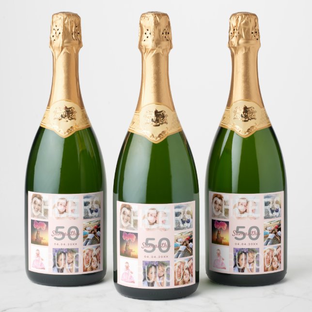 50 fabulous birthday rose gold photo cheers party sparkling wine label (Bottles)