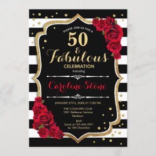 50 Fabulous Birthday -  Roses Black White Stripes Invitation
