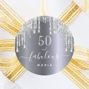 50 fabulous birthday Sparkling glitter silver Classic Round Sticker